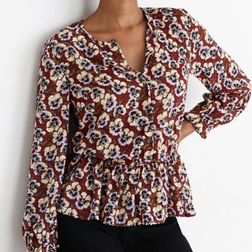 Madewell Burgundy Floral Peplum Blouse